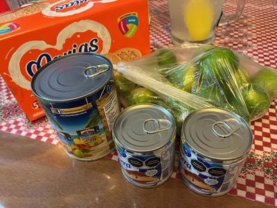 The ingredients for making Carlota spead out atop a table with a red and white checkered table cloth.